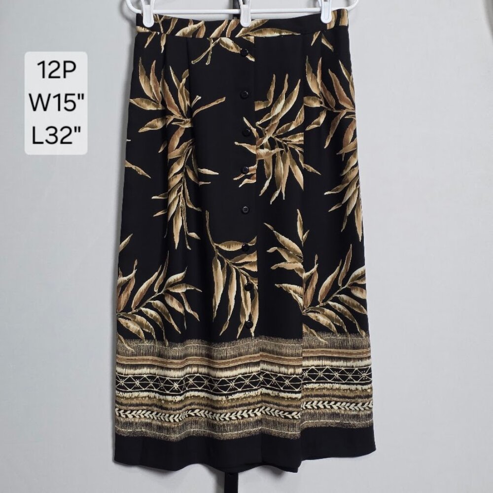 Alfred Dunner Skirt Petite 12P Black Tropical Floral Button Front Midi Pull On